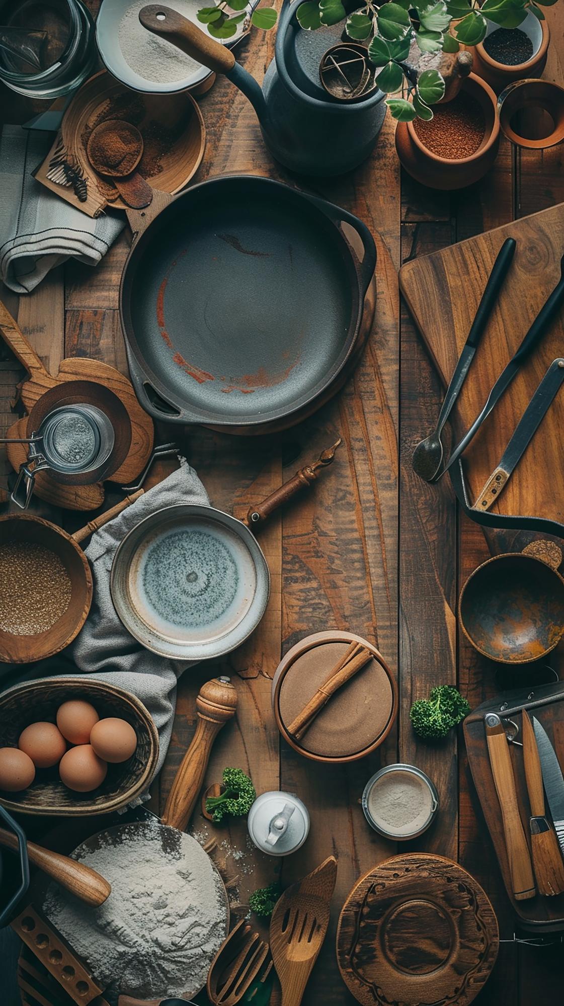 Small artisan kitchen counter with plated meal and utensils