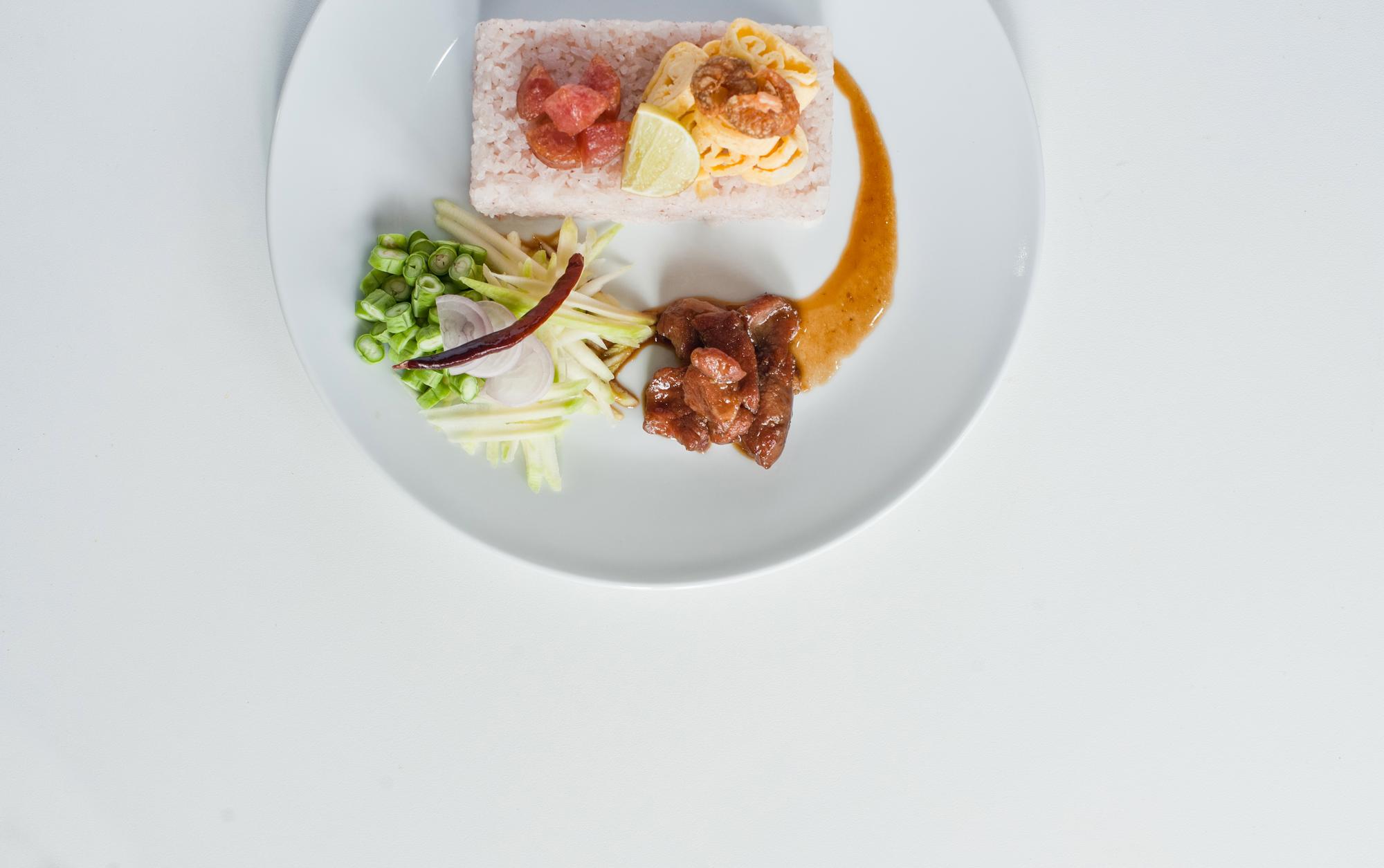 Overhead of plated meal with minimalist plating